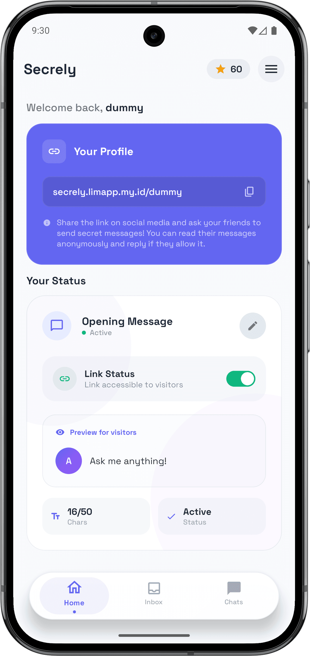 Home screen showing your anonymous message link